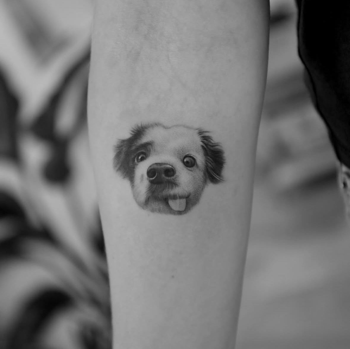 Microrealism portrait of a small dog with its tongue out.